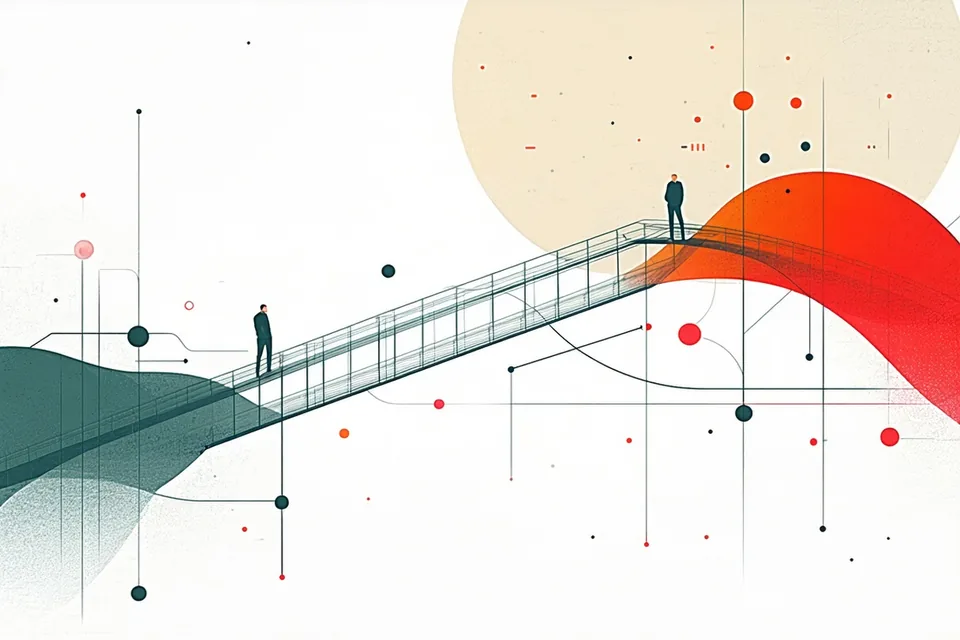 Abstract illustration of communication arc connecting SaaS product to new customers