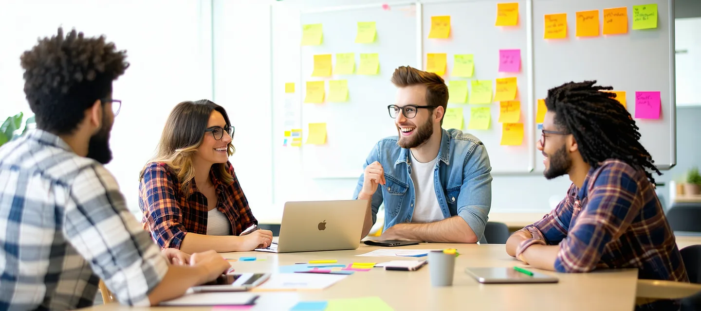 Small team of four collaborating around a table in a bright modern Denver office with whiteboards visible