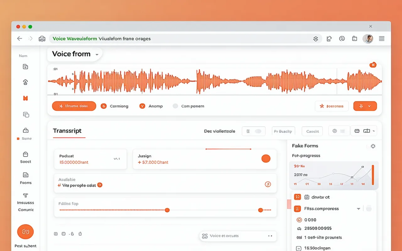 Cor flow player interface showing a voice waveform at top, step-by-step progress bar, and transcript panel below — warm light interface on cream background