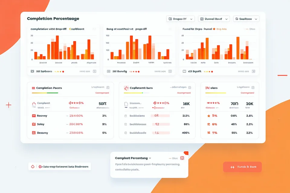 Cor analytics dashboard showing completion rate bar charts, per-flow funnel drop-off visualization, and team filter panel on the left