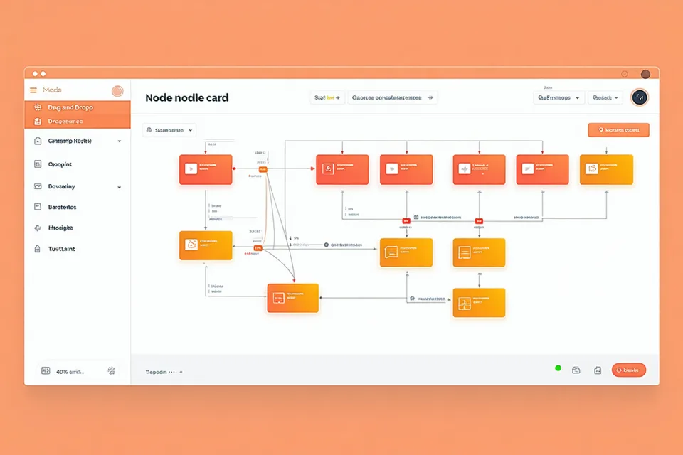 Cor drag-and-drop flow builder interface showing connected step cards with voice icons, decision branches, and a completion tracker on the right side