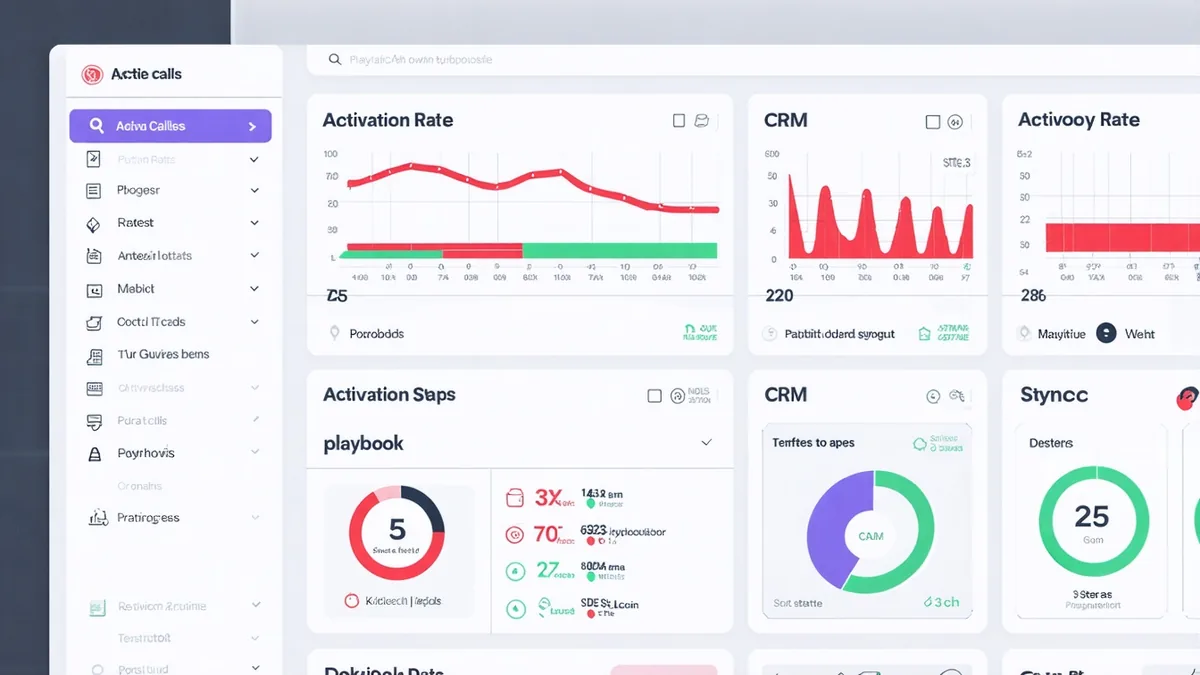 Cor Obi platform overview showing active calls, activation rate, playbook steps, and CRM sync status