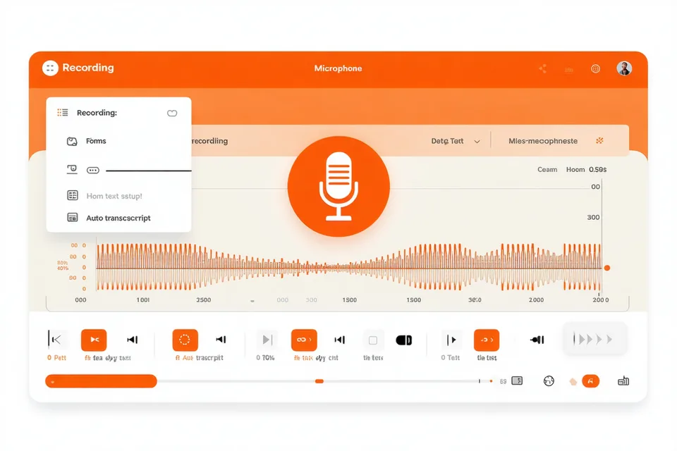 Cor voice capture studio interface with a large microphone button, audio waveform visualization, and auto-generated transcript text below