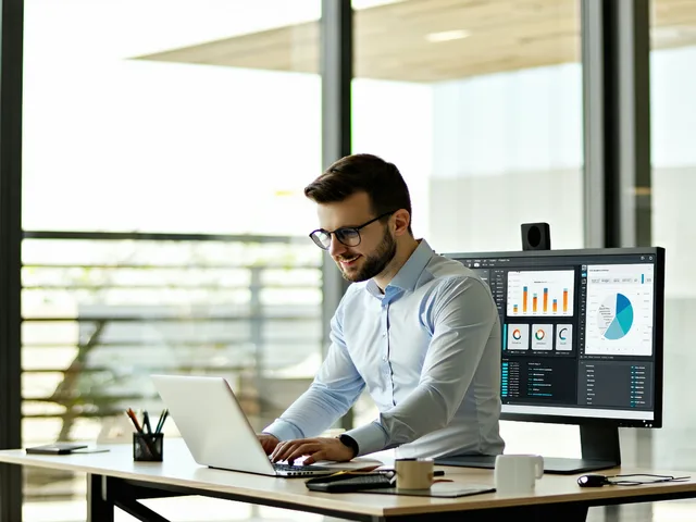 Customer success manager on a video call at a standing desk with charts visible on a second monitor