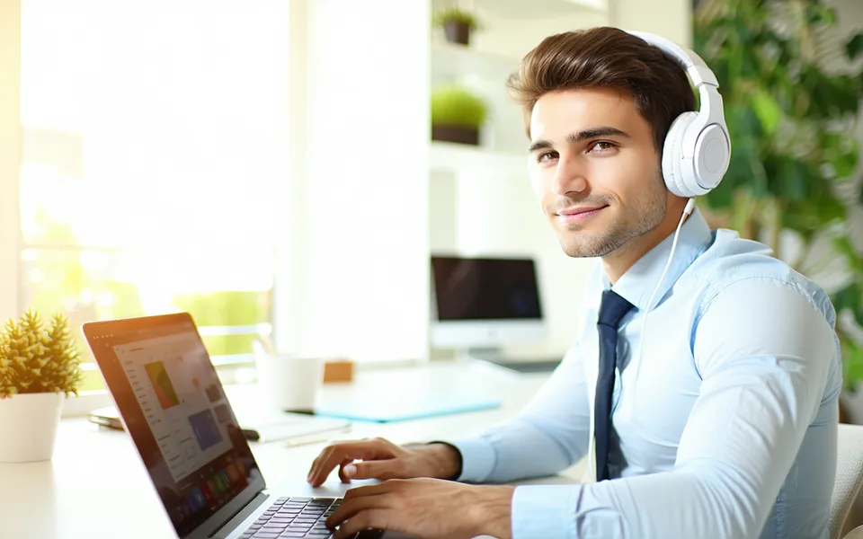 New employee on their first day with a laptop, listening through headphones to an onboarding voice guide