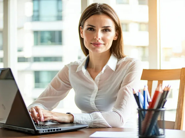 HR manager at a desk reviewing onboarding materials on a laptop in a modern bright office