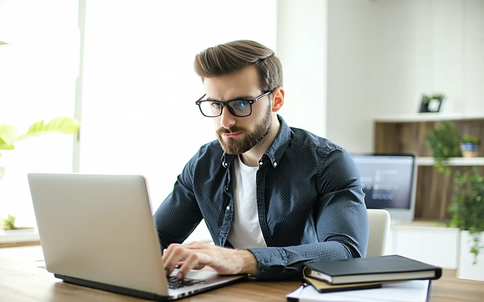 Employee at a laptop completing an online training module, focused and engaged in a home office setting