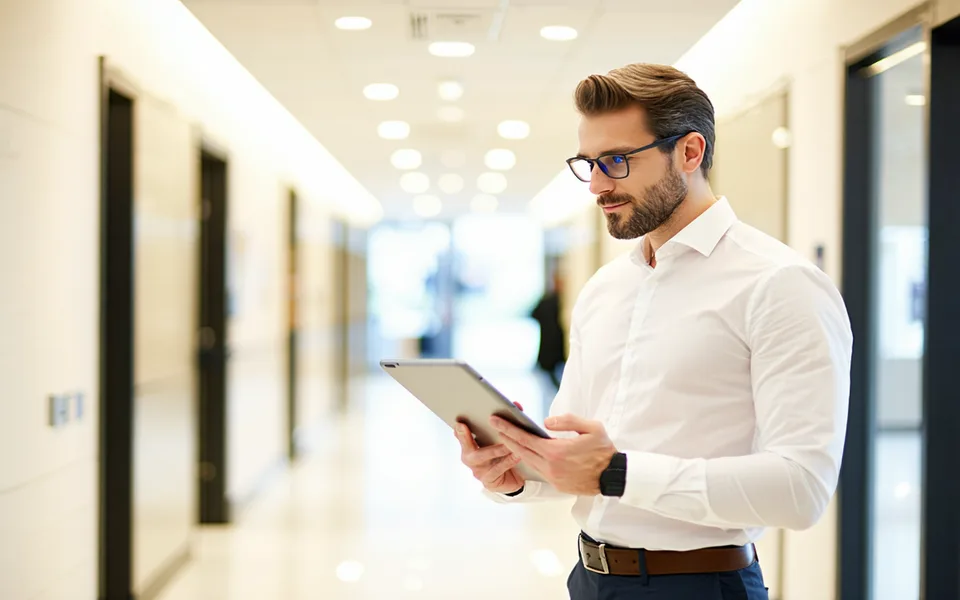Operations lead reviewing a digital process guide on a tablet in a bright modern office corridor